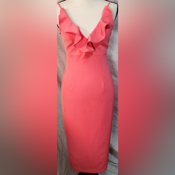Bardot Dress Midi Ruffle Sleeveless Coral Pink Formal NWT - Picture 1 of 11
